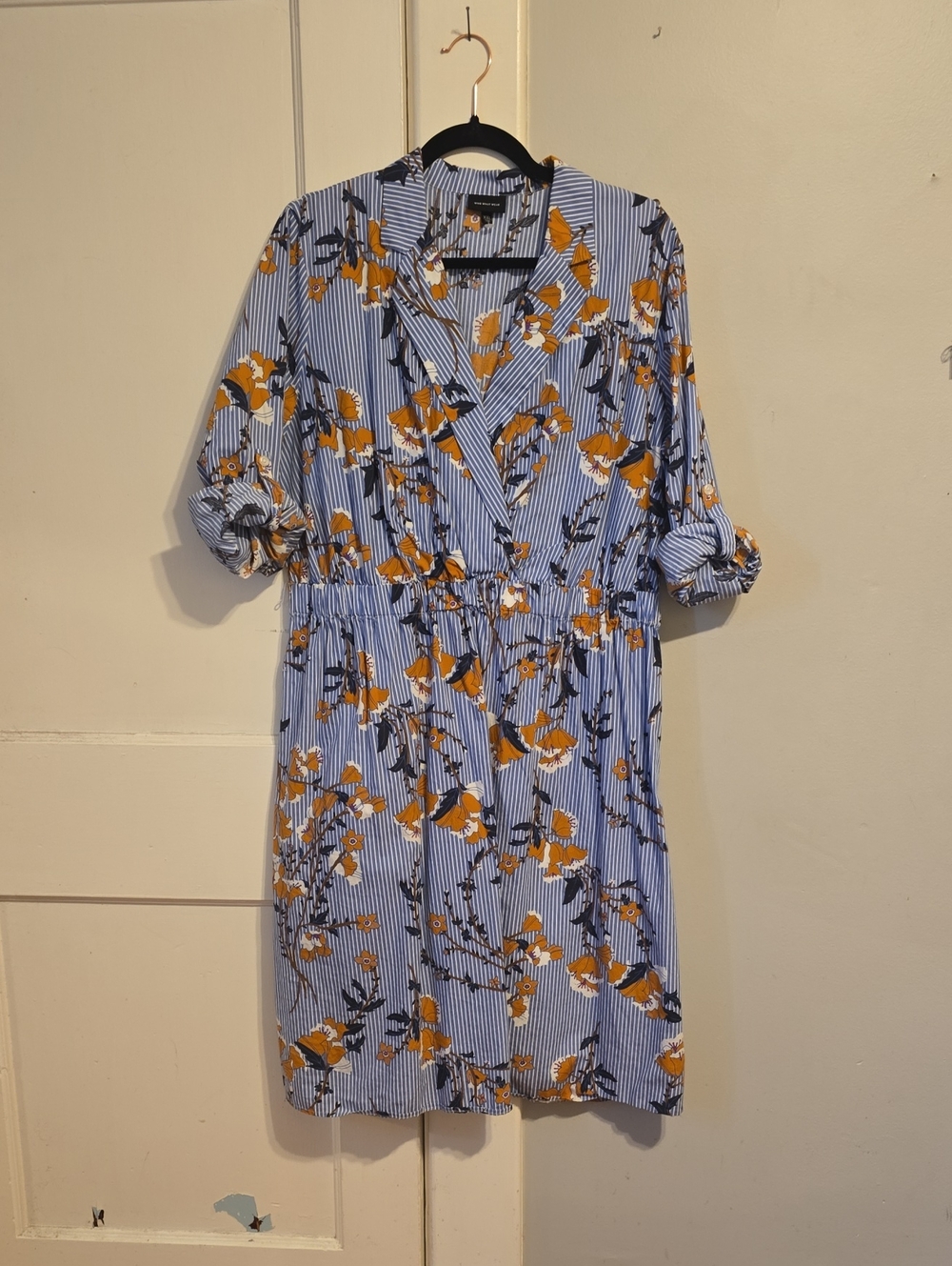 Who What Wear Blue Stripe Floral Wrap Dress with Mustard Accents